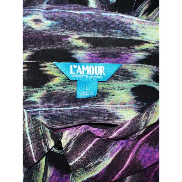 Nanette Lepore L'AMOUR Top Sz L Black Purple Green Button LS Keyhole Back Blouse - Picture 6 of 6